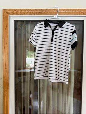 G/FORE White & Black Striped Short Sleeve Polo with Turquoise Accent